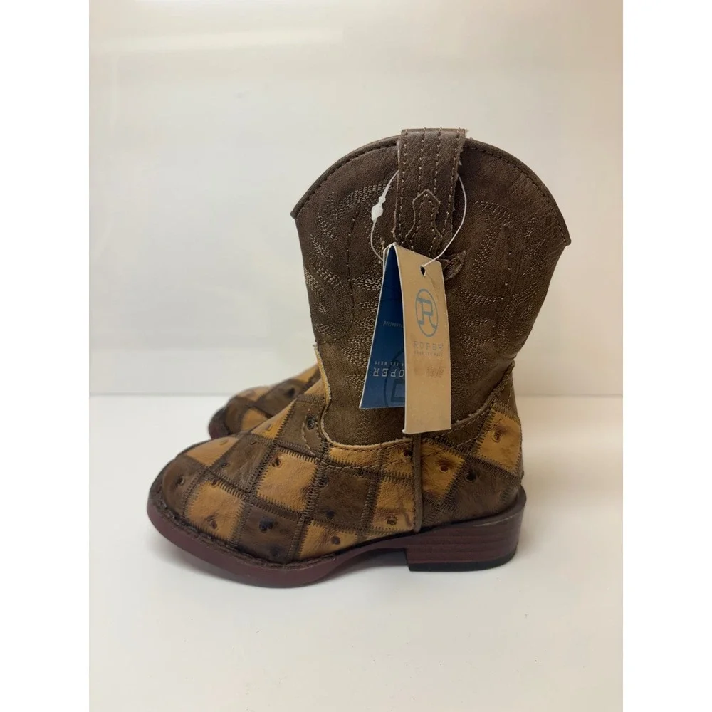 Roper Toddler Boys Brown Tan Faux Ostrich Patchwork Cowboy Boots size 6